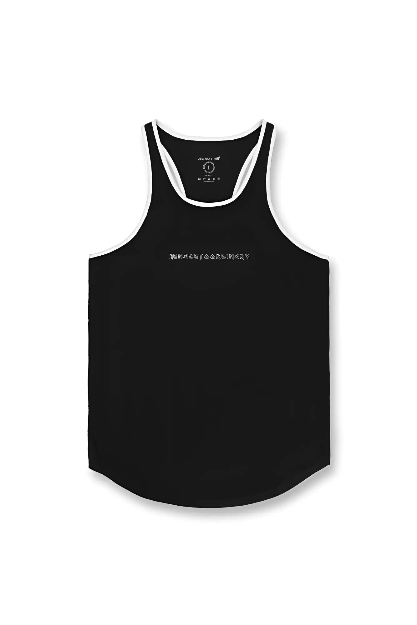 Black fast-dry bodybuilding workout stringer tank top with white trim and subtle heavenly and rainbow embroidery