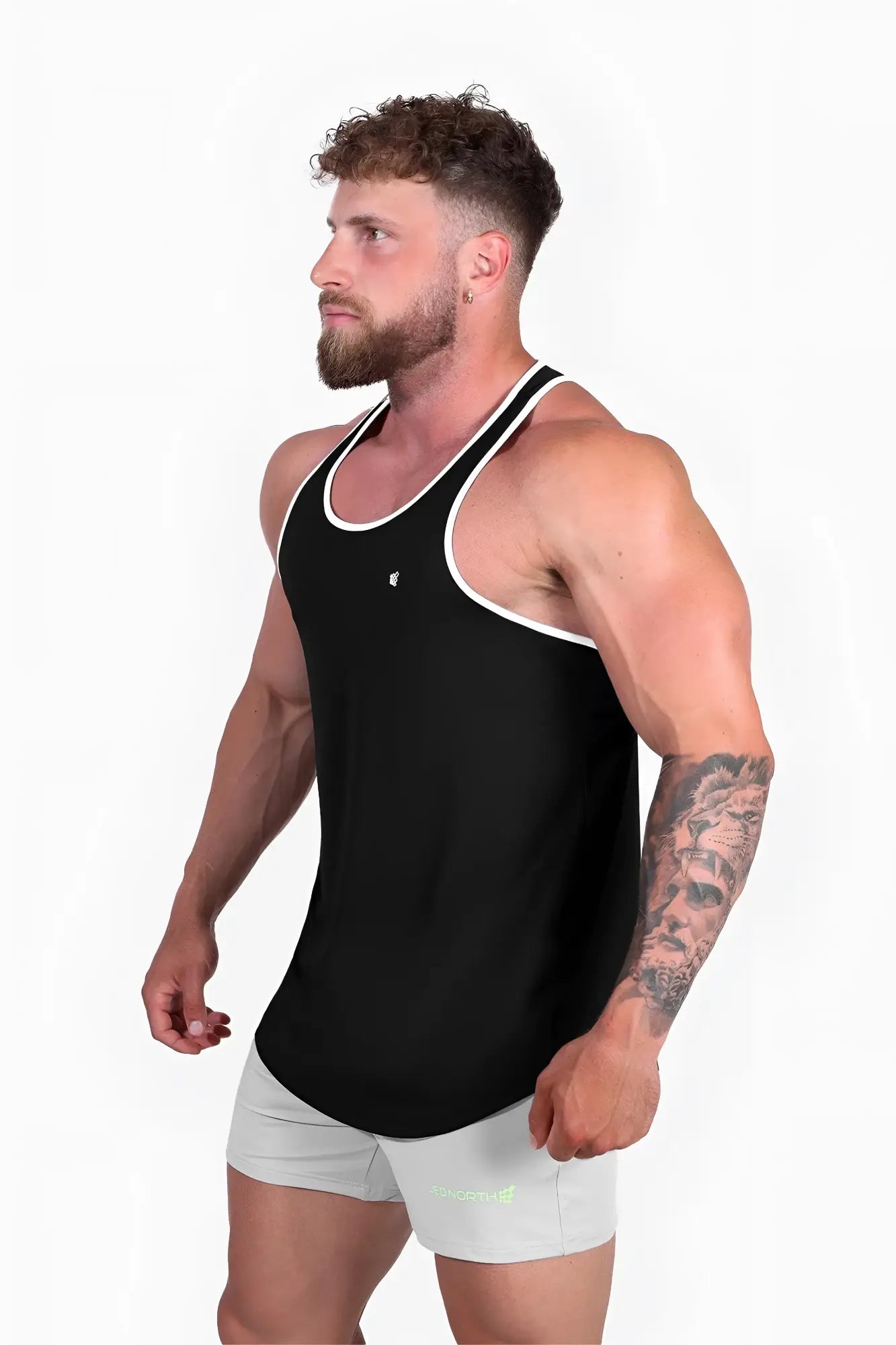 Black jed north fast-dry bodybuilding workout stringer tank top with white trim and small chest logo