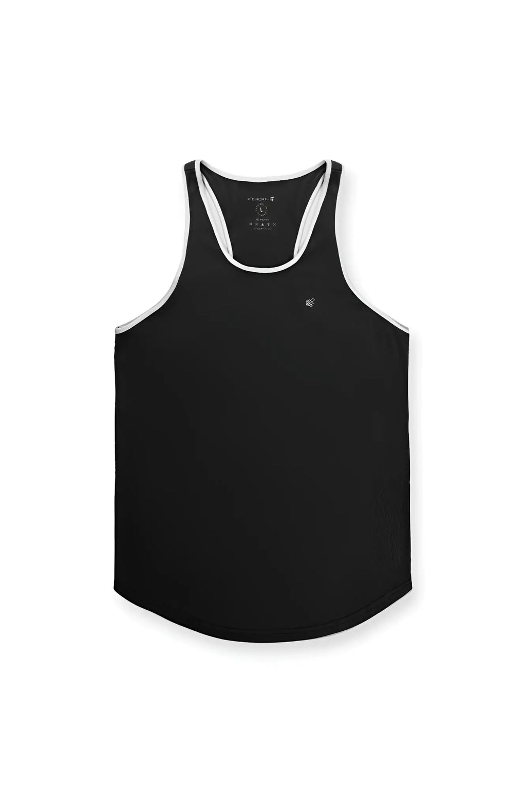 Black jed north fast-dry bodybuilding workout stringer tank top with white trim and embroidered logo on chest