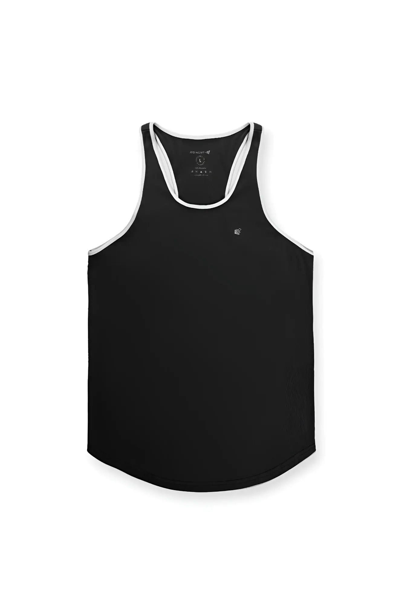 Black jed north fast-dry bodybuilding workout stringer tank top with white trim and embroidered logo on chest
