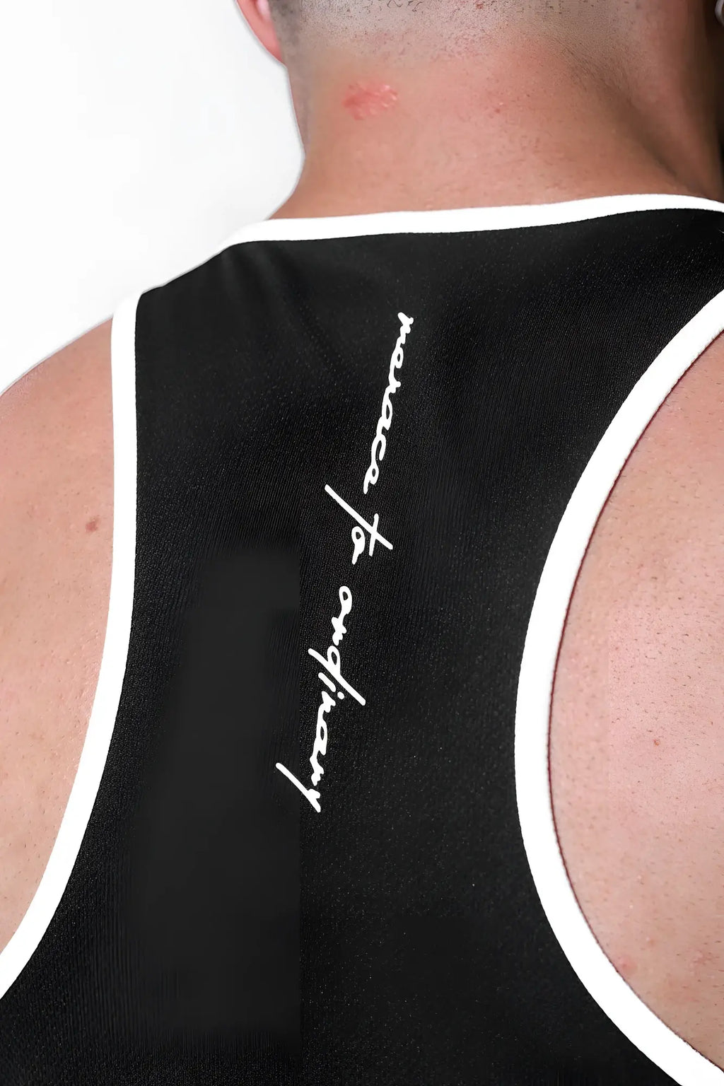 Back view of jed north fast-dry bodybuilding workout stringer tank top in black with white trim and marseille of the city logo