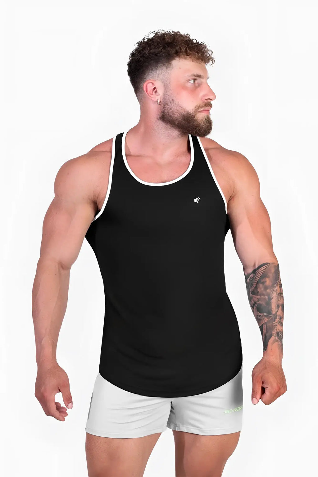 Black jed north fast-dry bodybuilding workout stringer tank top with white trim and small chest logo