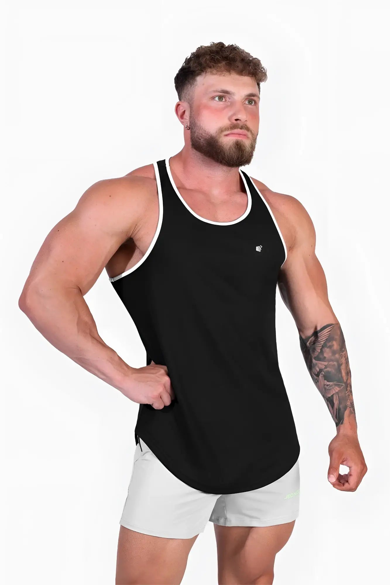 Black jed north fast-dry bodybuilding workout stringer tank top with white trim and small chest logo
