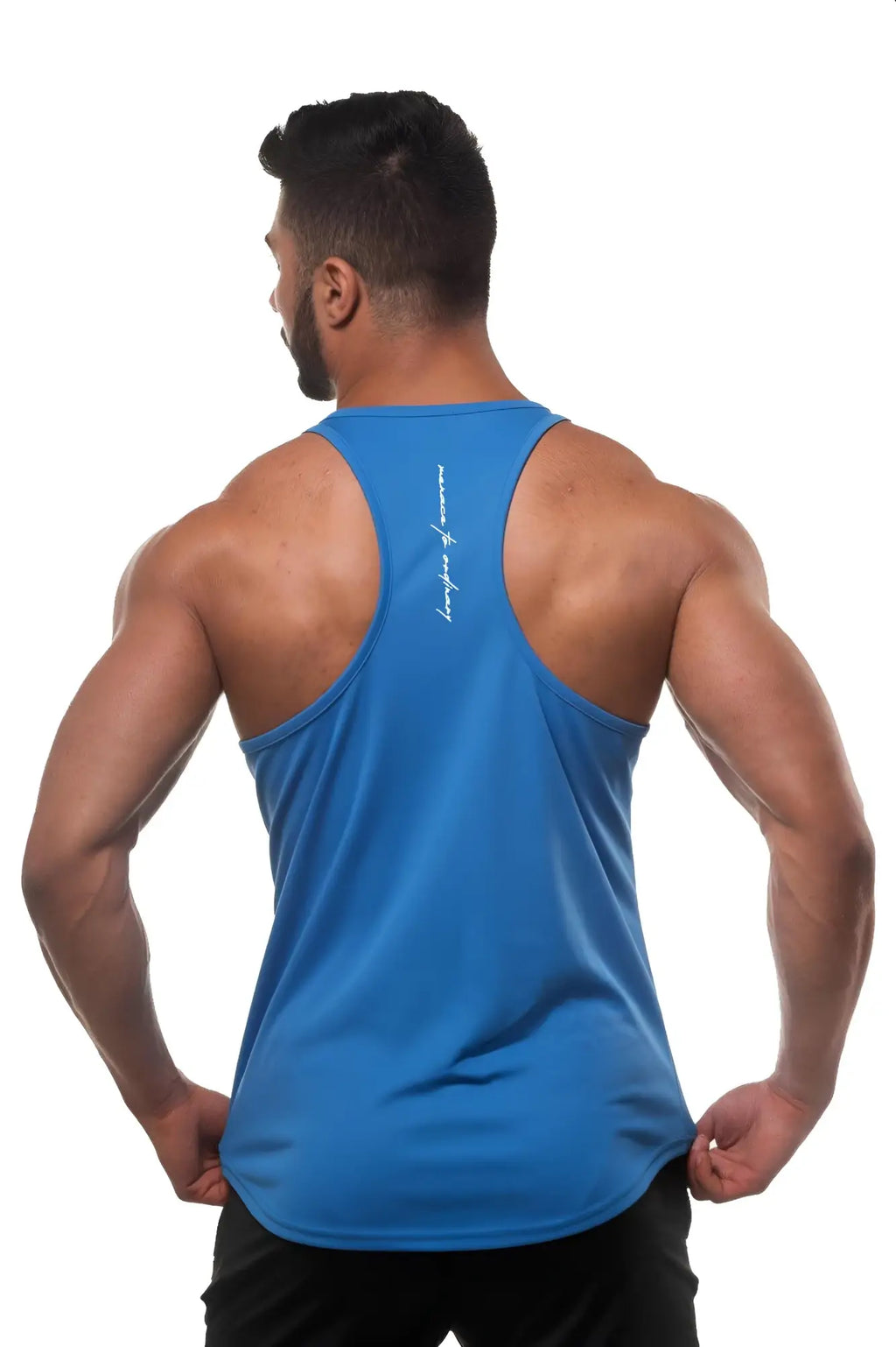 Back view of jed north blue fast-dry bodybuilding workout stringer tank top with subtle white script logo
