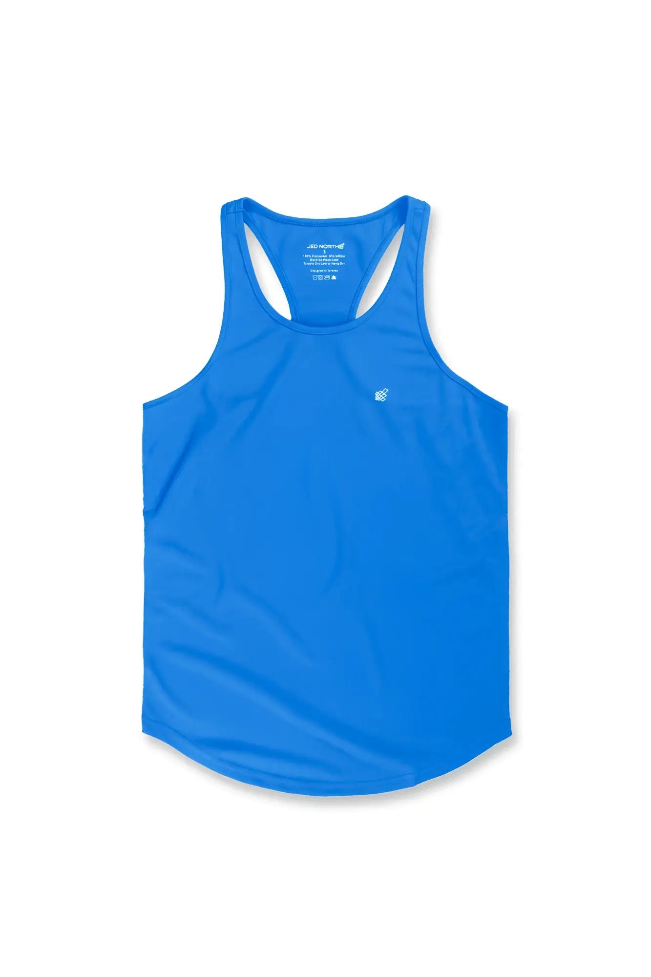 Bright blue jed north fast-dry bodybuilding workout stringer tank top with racerback and white chest logo