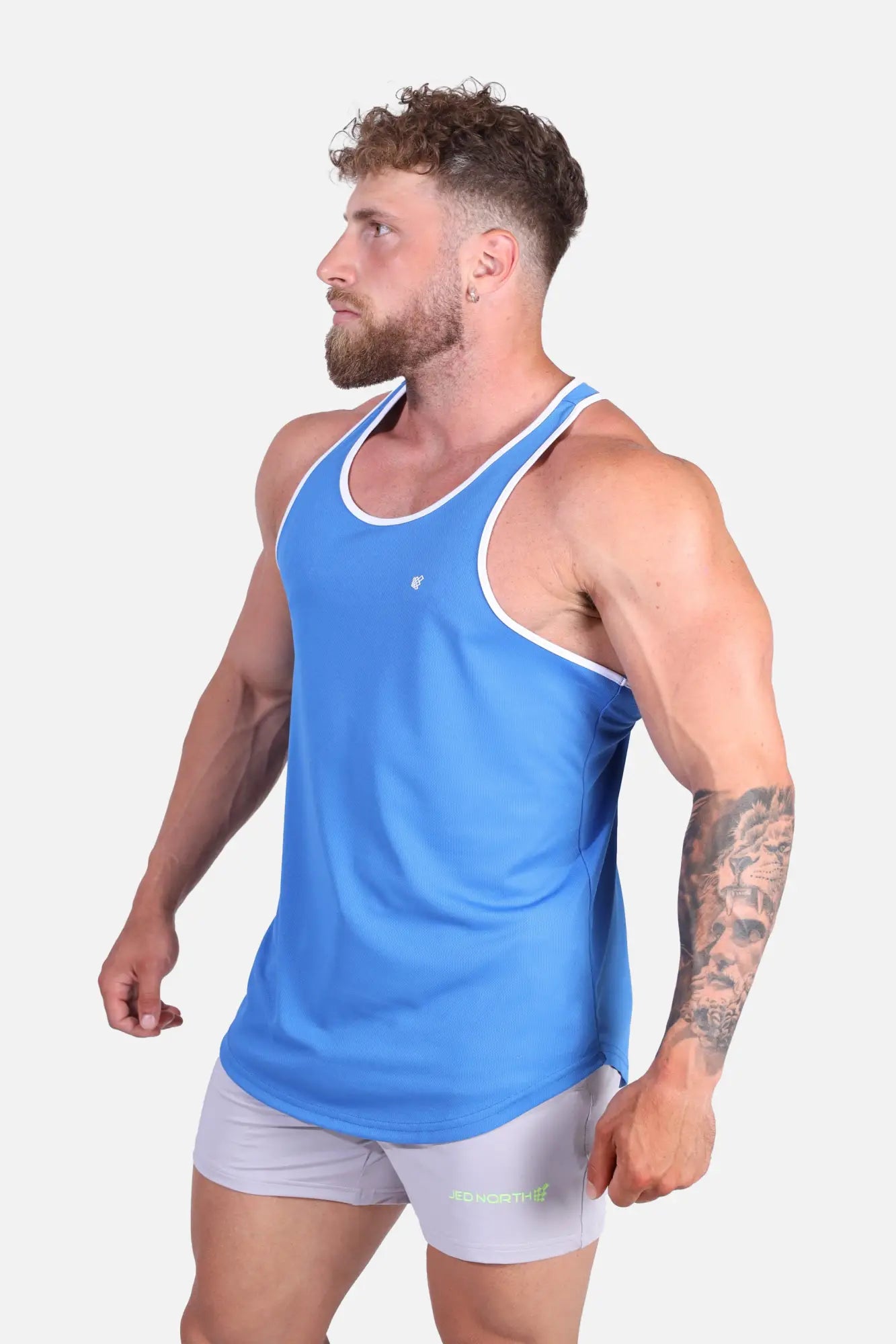 Blue jed north fast-dry bodybuilding workout stringer tank top with white trim and small chest logo