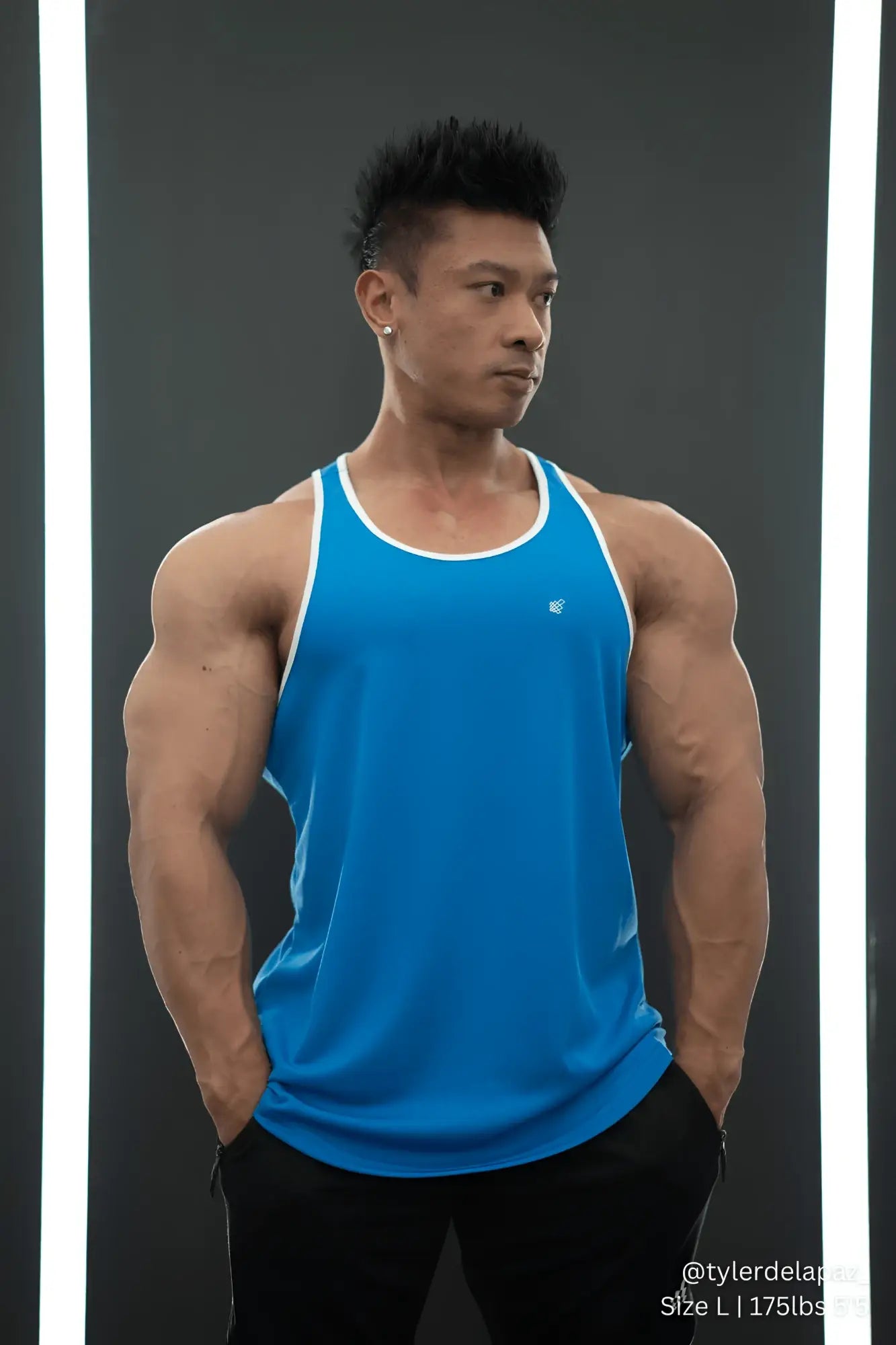 Blue jed north fast-dry bodybuilding workout stringer tank top with white trim and small chest logo