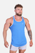 Blue jed north fast-dry bodybuilding workout stringer tank top with white trim and small chest logo