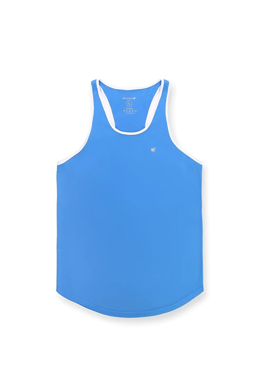 Jed North bright blue fast-dry bodybuilding workout stringer tank top with white trim on neckline and armholes