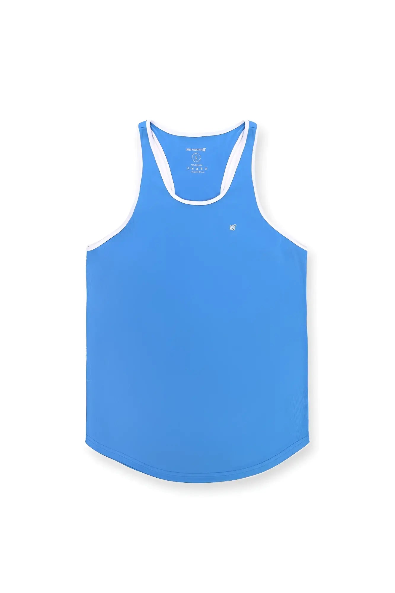 Jed North bright blue fast-dry bodybuilding workout stringer tank top with white trim on neckline and armholes