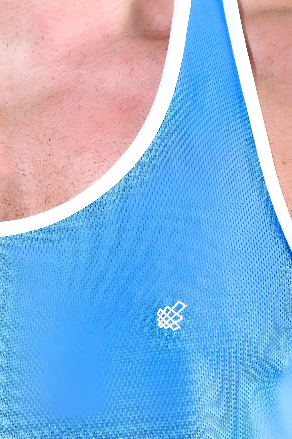 Blue jed north fast-dry bodybuilding workout stringer tank top with white trim and geometric logo on chest