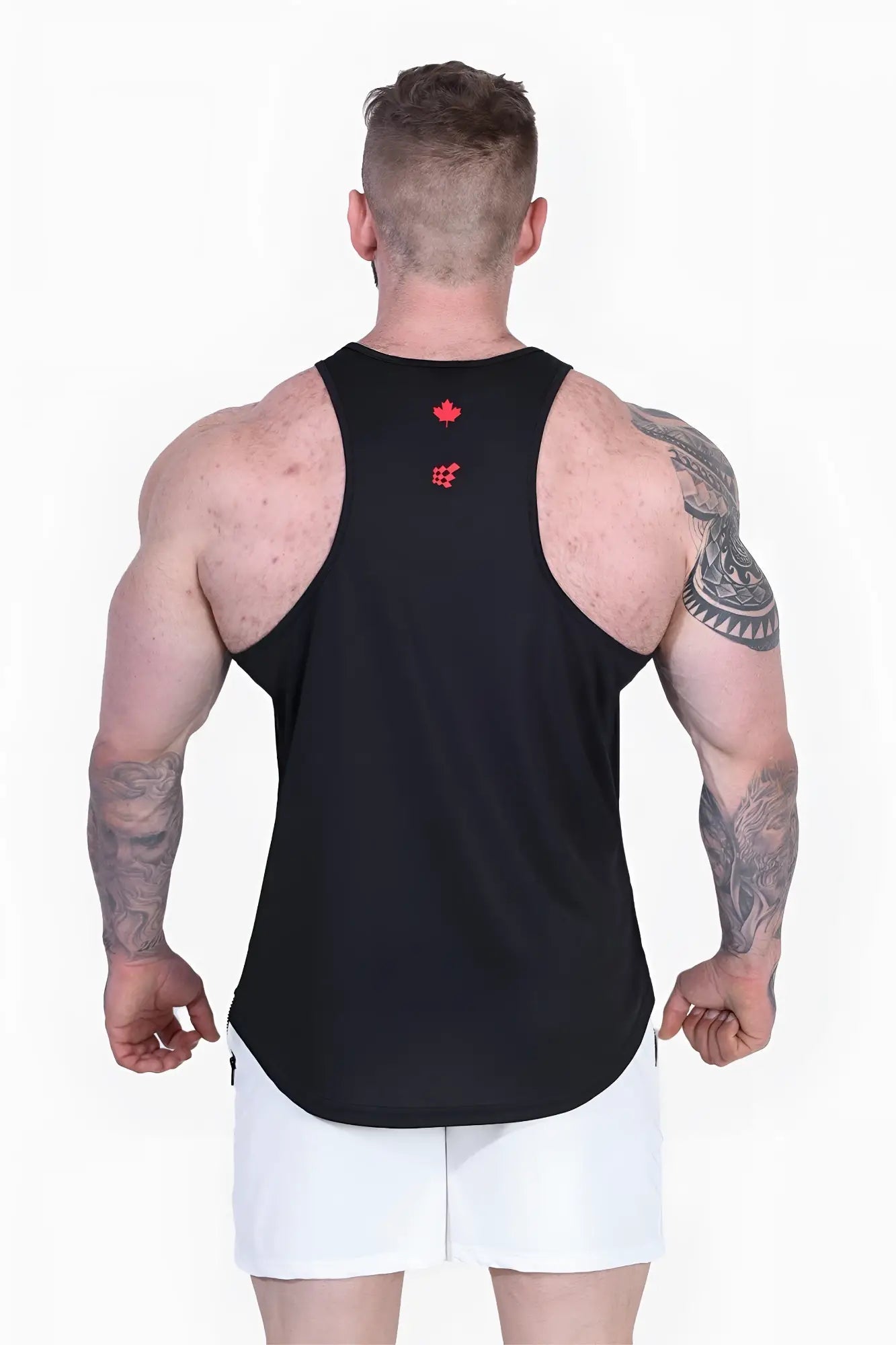 Back view of black fast-dry bodybuilding workout stringer with red maple leaf and checkered oh canada logo