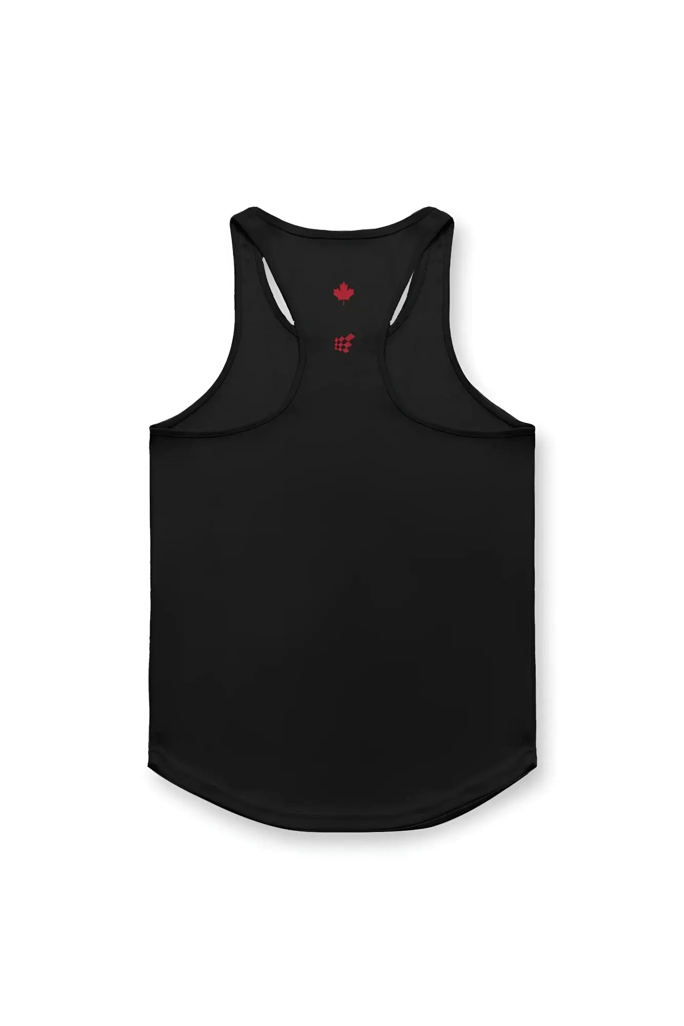 Black fast-dry bodybuilding workout stringer tank top with red maple leaf and logo embroidery at neckline