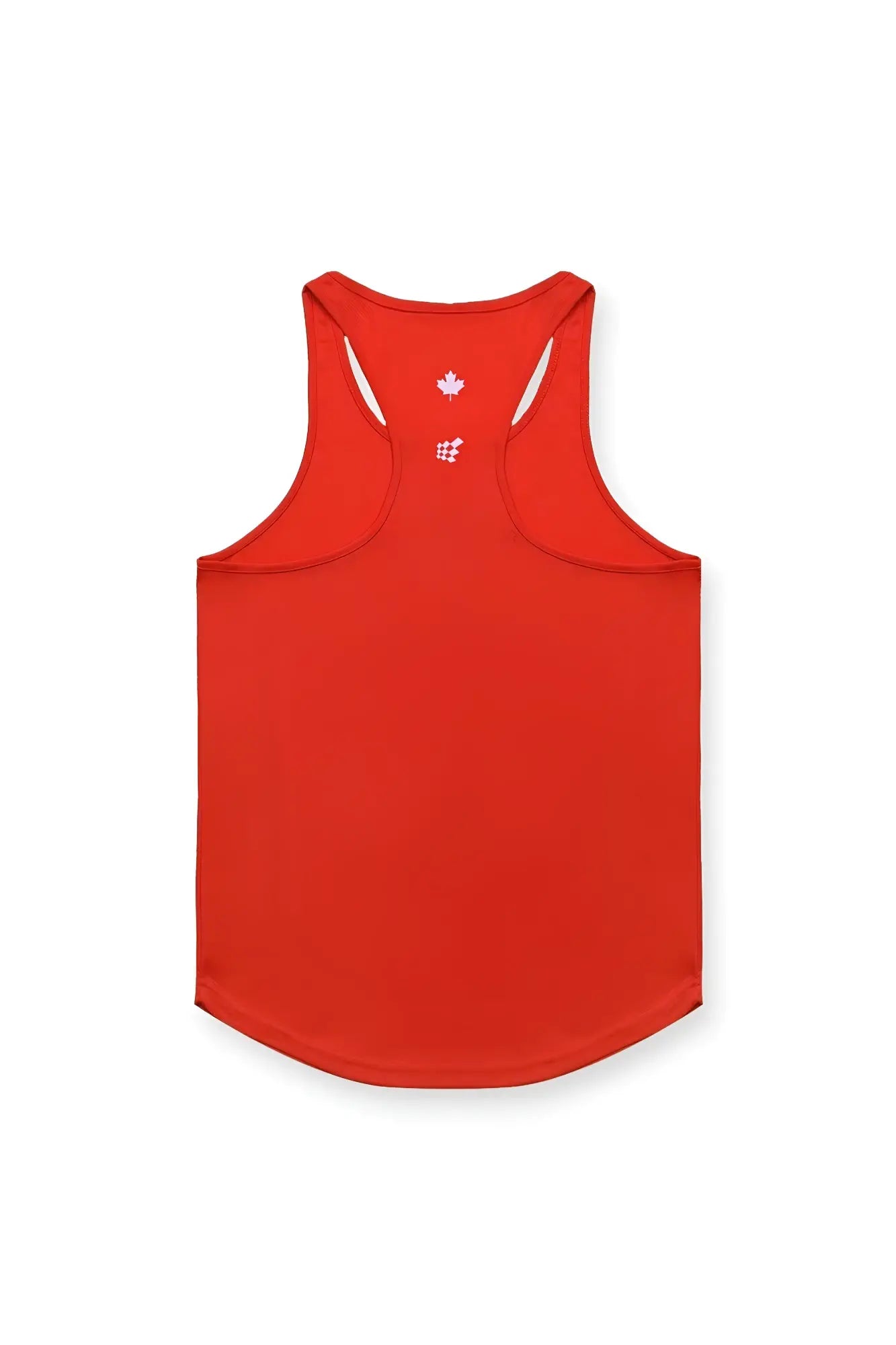 Red fast-dry bodybuilding workout stringer tank top with racerback and white maple leaf logo at neckline