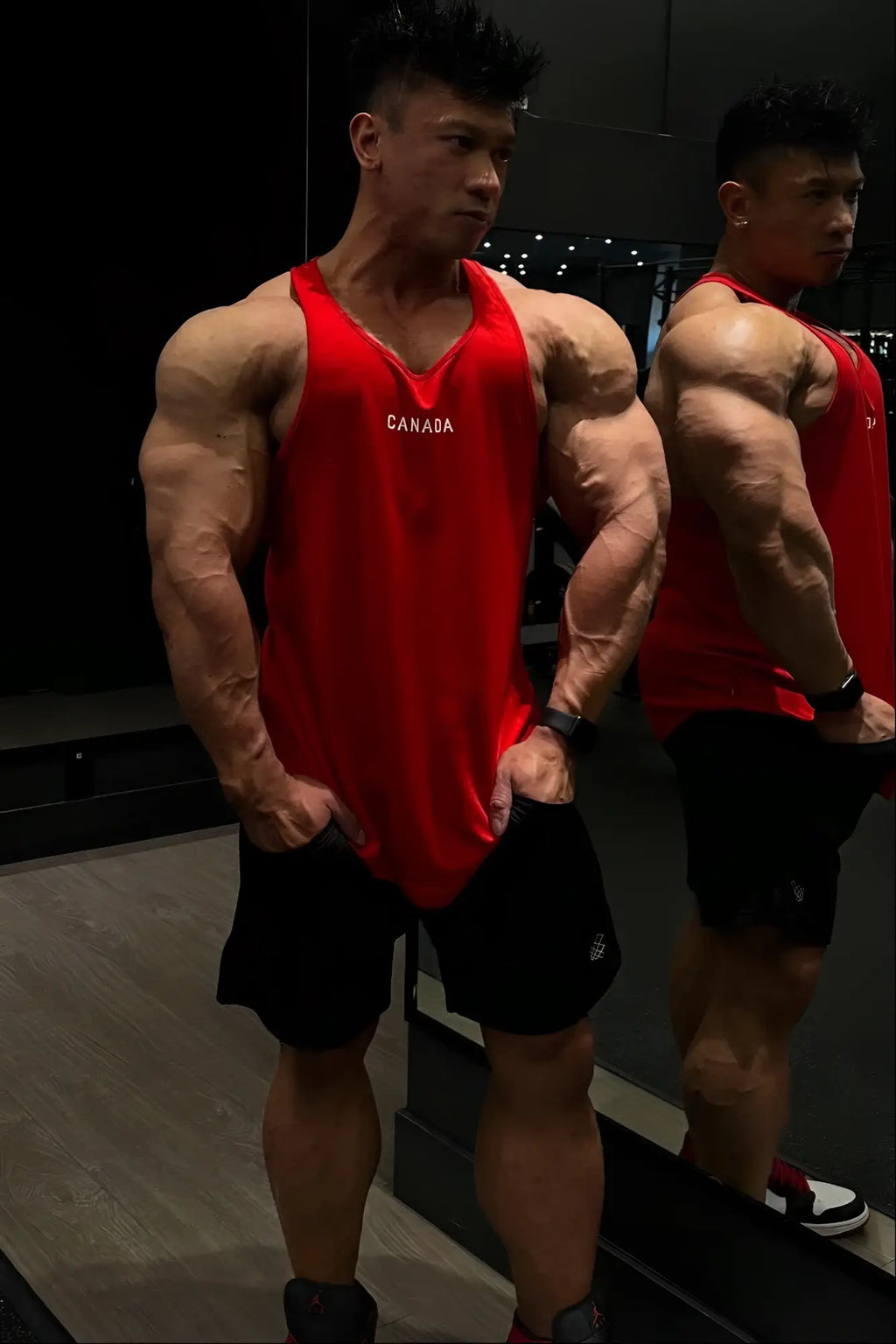 Fast dry bodybuilding workout stringer tank top in red with canada design for high performance training
