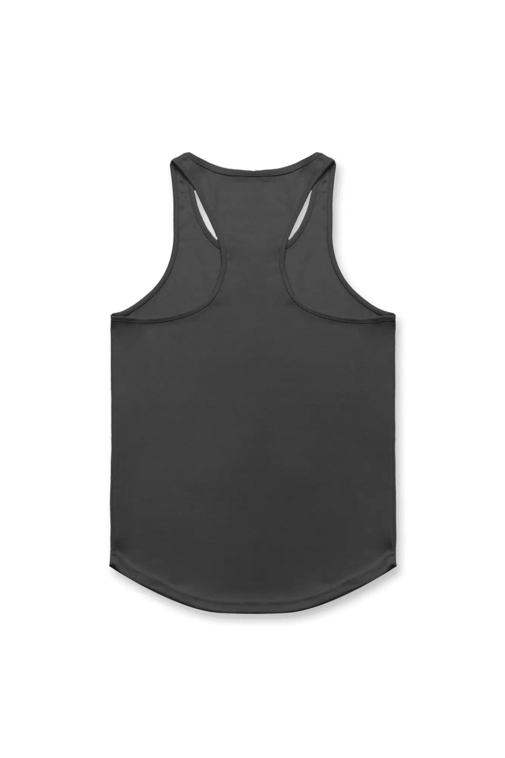 Charcoal Jed North fast-dry bodybuilding workout stringer tank top with mesh panels and curved hem back view