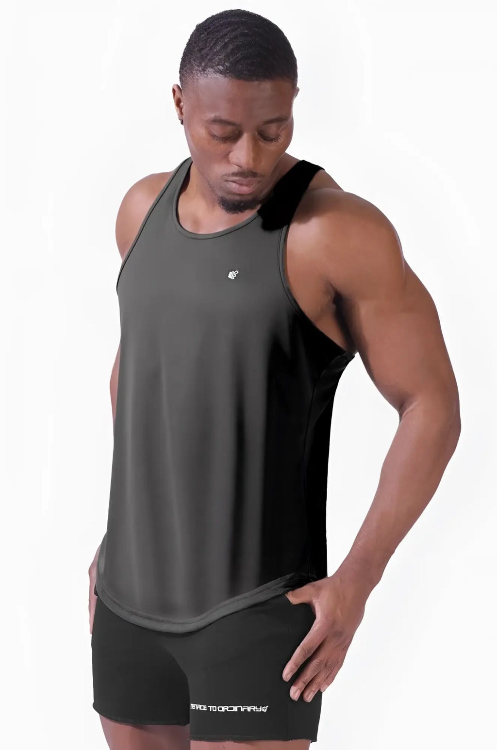 Jed North charcoal sleeveless bodybuilding stringer tank top with fast-dry textured fabric and small white logo on chest