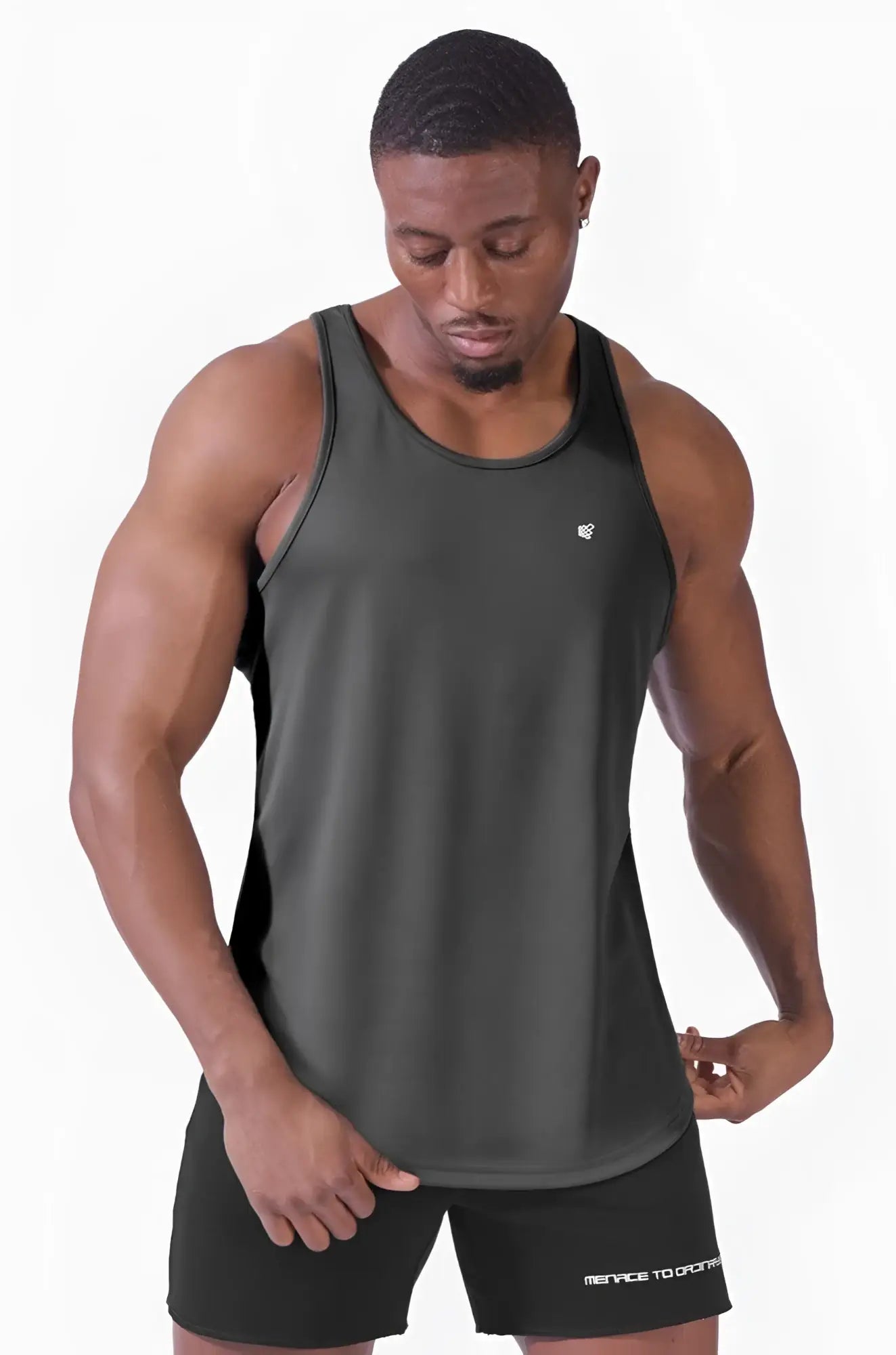 Dark gray jed north fast-dry bodybuilding workout stringer tank top with subtle texture and small white logo on chest