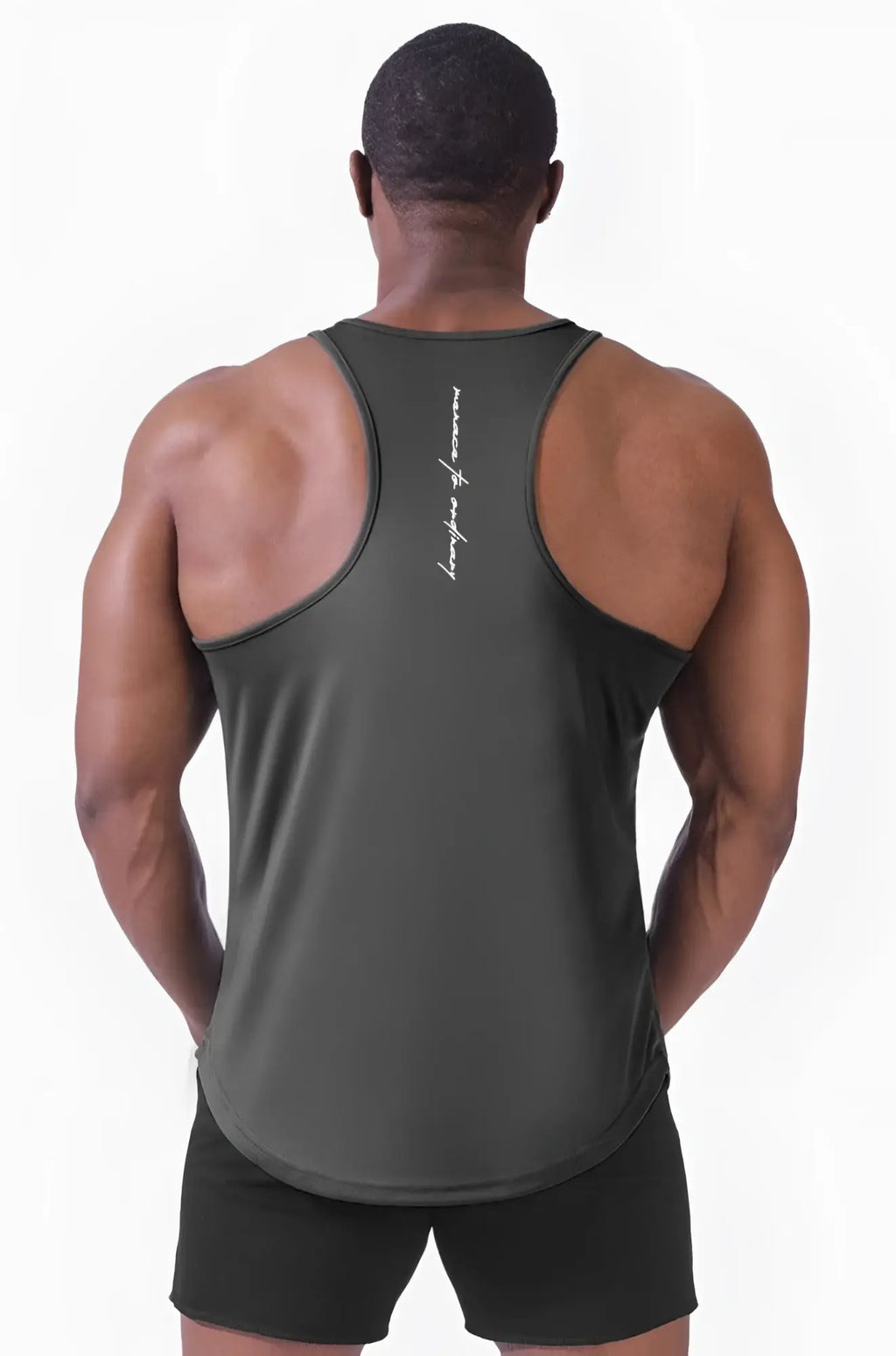 Back view of jed north fast-dry bodybuilding workout stringer in charcoal with subtle white script logo on spine