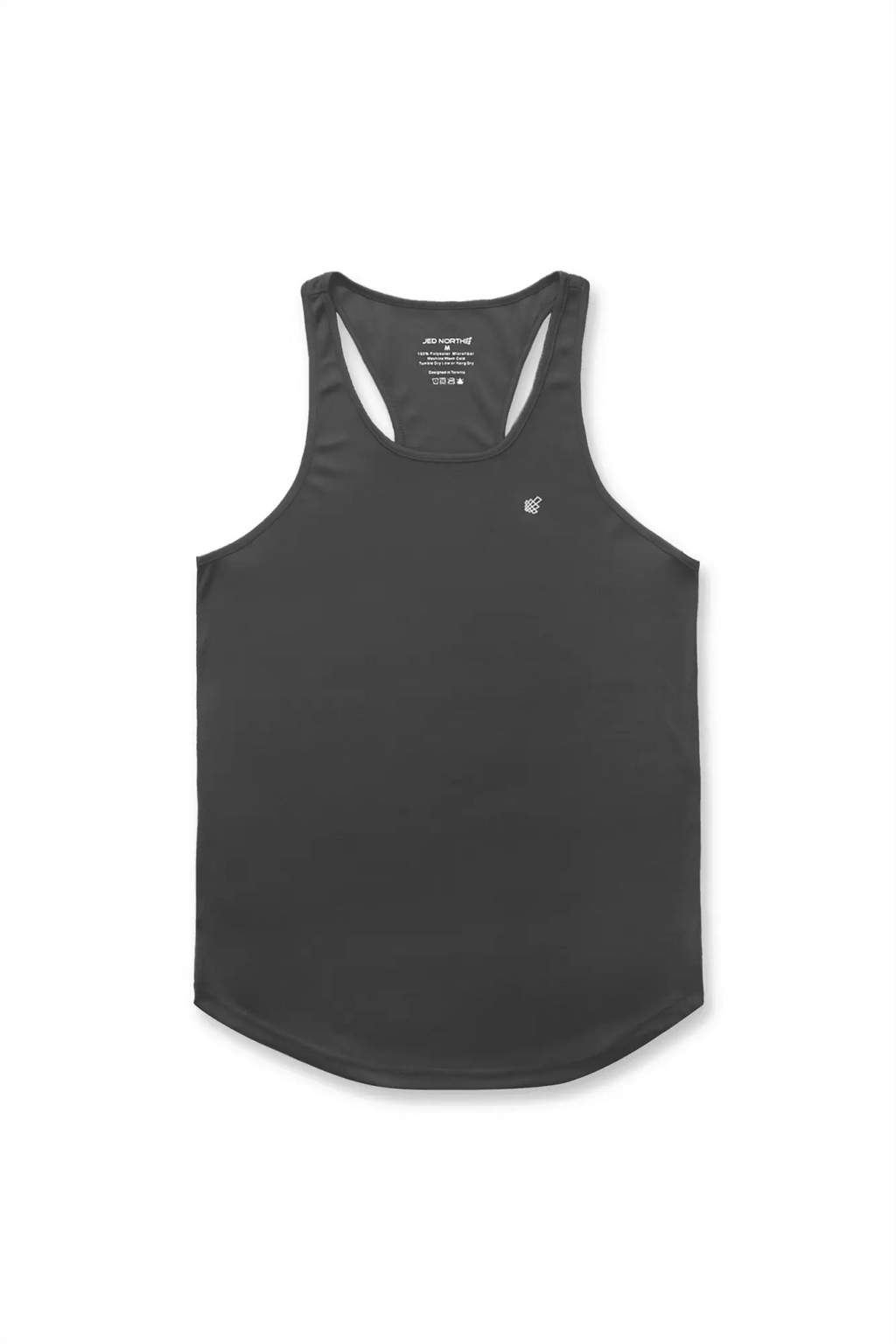 Dark gray jed north fast-dry bodybuilding workout stringer tank top with white chest logo and neckline brand tag