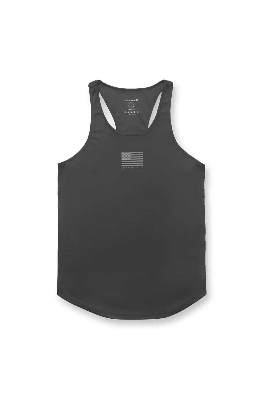 Dark gray fast-dry bodybuilding workout stringer tank top with subtle american flag emblem on chest