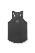 Dark gray fast-dry bodybuilding workout stringer tank top with subtle american flag emblem on chest