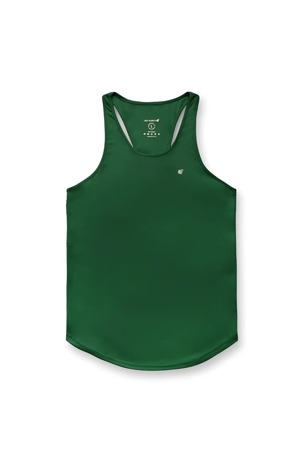 Dark green jed north fast dry bodybuilding workout stringer with white trim and embroidered logo on upper left chest