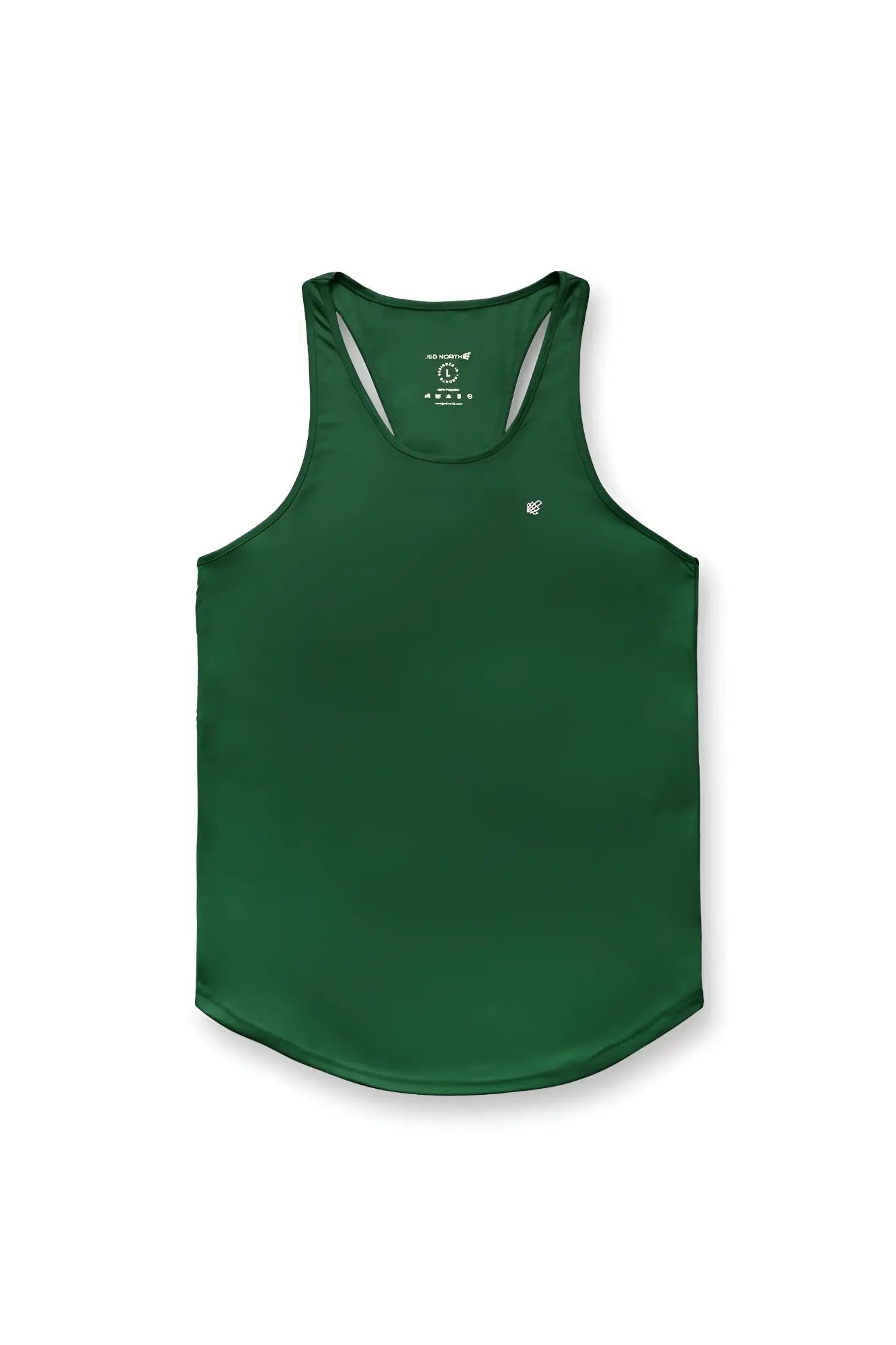 Dark green jed north fast dry bodybuilding workout stringer with white trim and embroidered logo on upper left chest