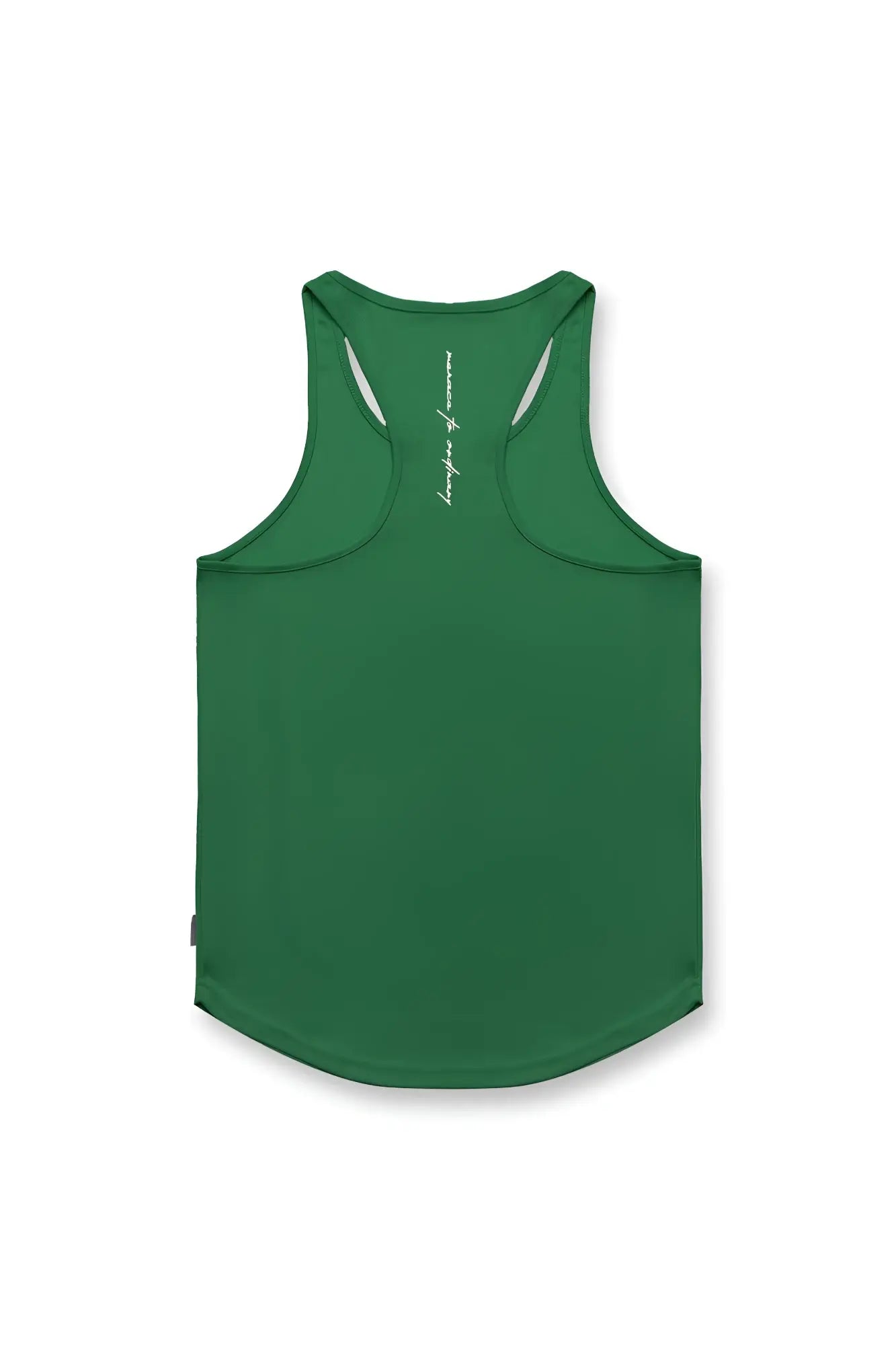 Back view of a sleek emerald green jed north fast-dry racerback tank top with subtle white text for bodybuilding workouts