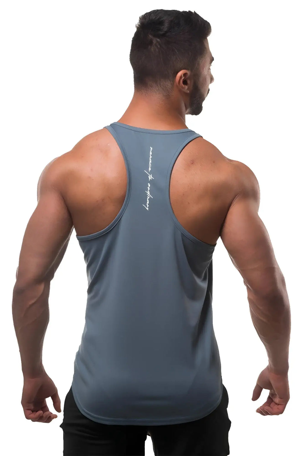 Back view of jed north gray fast-dry bodybuilding workout stringer tank top with white script logo on the center back