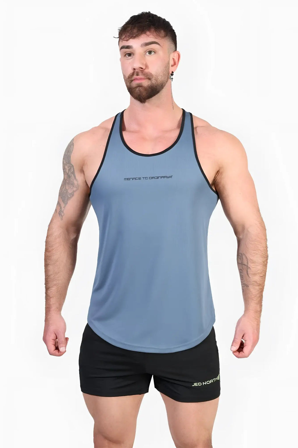Jed north fast-dry bodybuilding workout stringer in blue with black trim and subtle textured weave for training