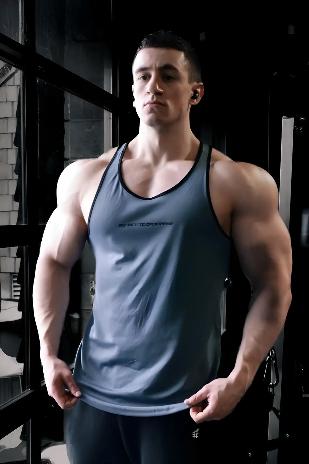 Jed North fast-dry bodybuilding workout stringer tank top in dark gray with black trim and subtle logo on chest