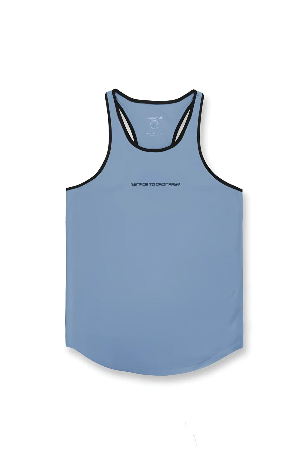 Light blue Jed North Fast-Dry bodybuilding workout racerback tank top with black trim and subtle chest text