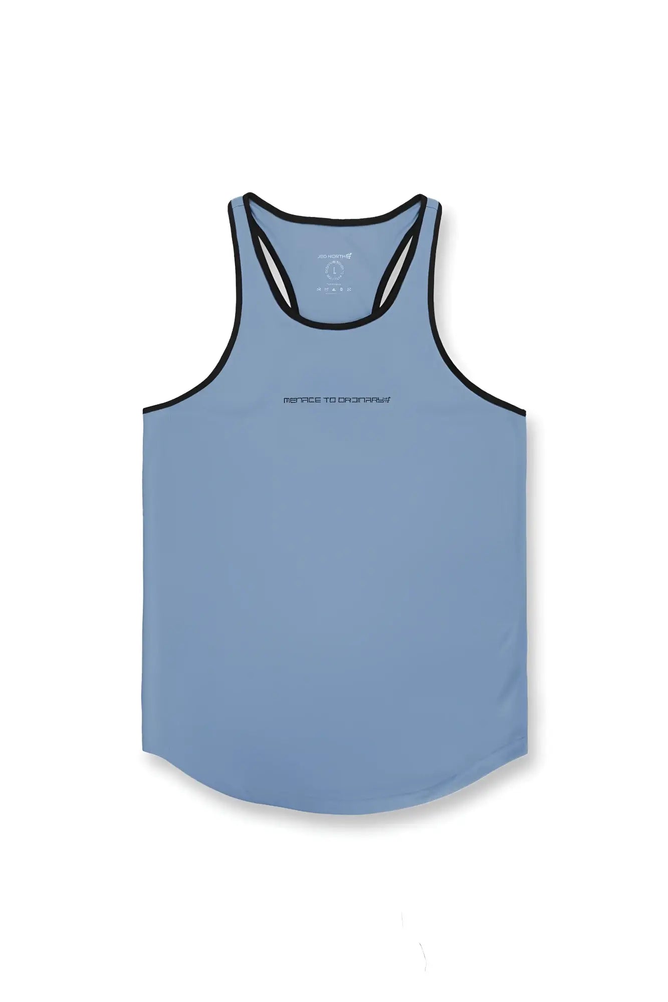 Light blue Jed North Fast-Dry bodybuilding workout racerback tank top with black trim and subtle chest text