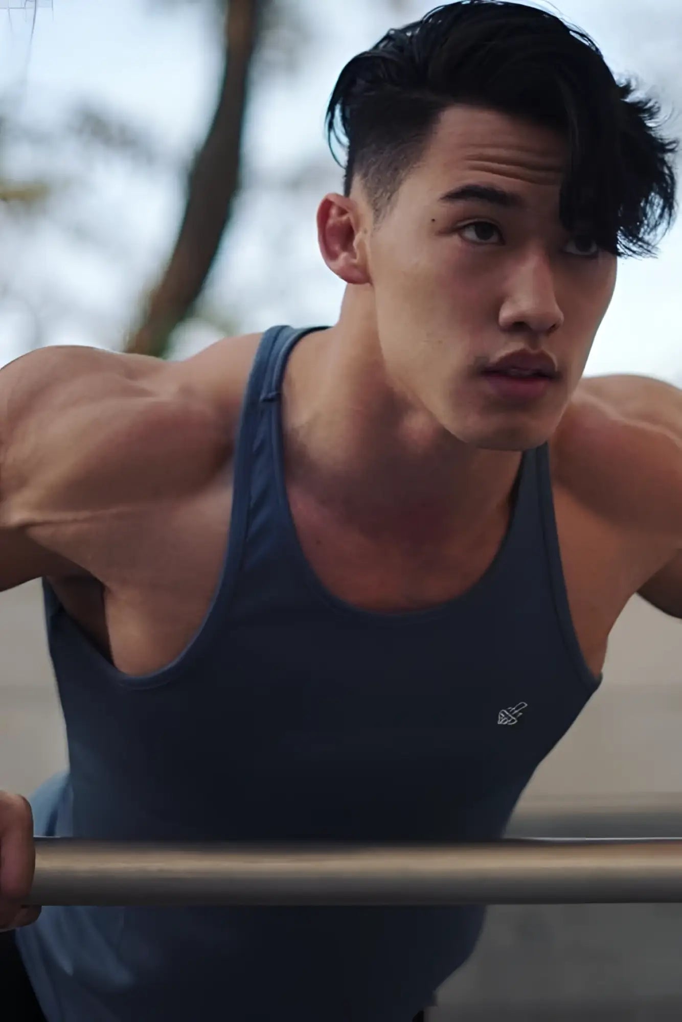 Dark blue jed north fast-dry athletic tank top with small white logo designed for bodybuilding workouts