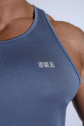 Blue fast-dry bodybuilding workout tank top with white usa logo embroidery on the chest for gym training