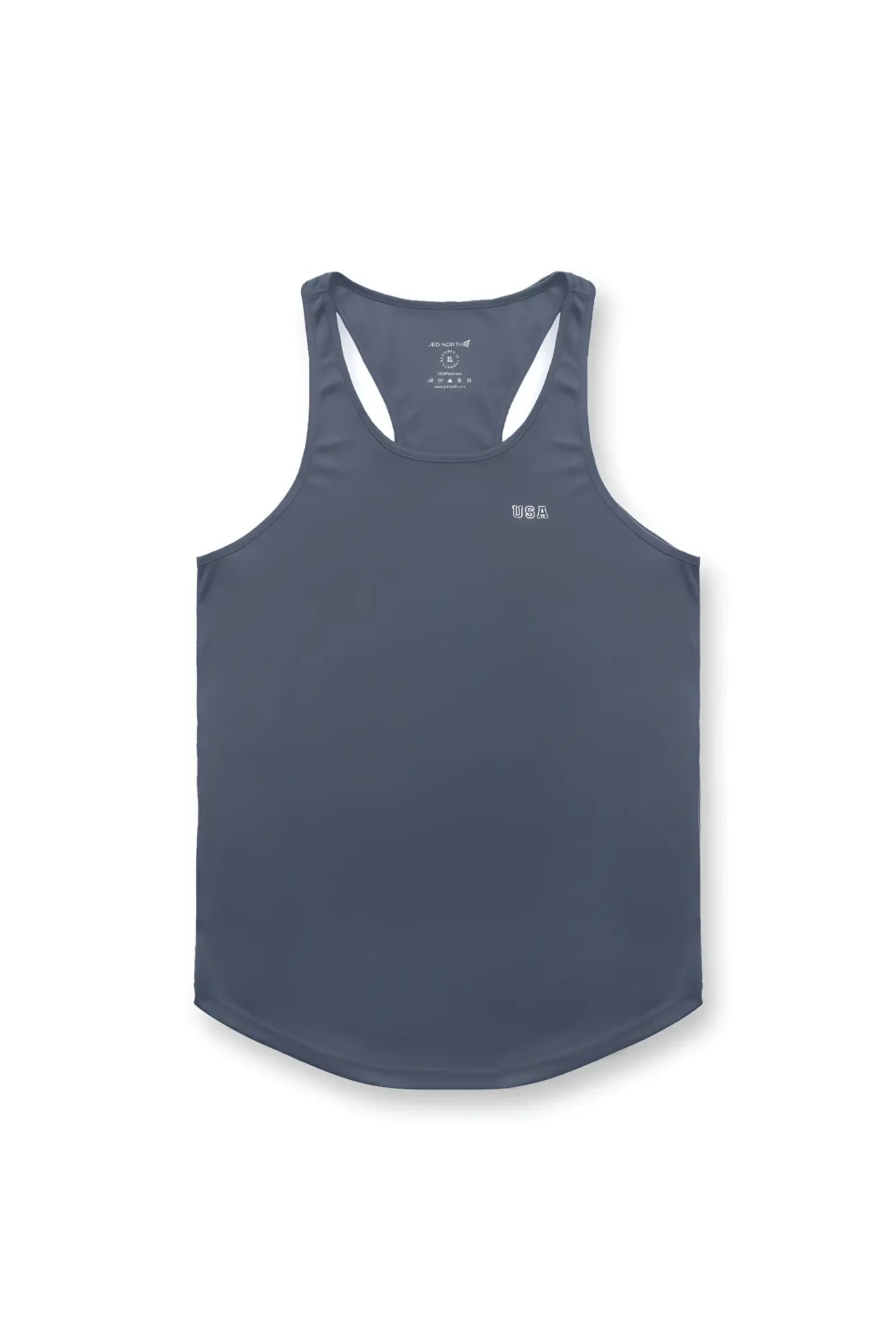 Fast-dry bodybuilding workout stringer gray racerback tank top with white trim and was logo on the chest