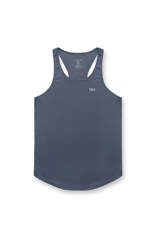 Fast-dry bodybuilding workout stringer gray racerback tank top with white trim and was logo on the chest