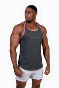 Dark gray fast-dry bodybuilding workout stringer tank top with pink trim and subtle embroidered logo on chest