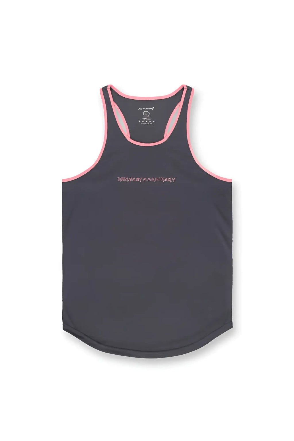 Dark gray fast-dry bodybuilding workout racerback tank top with pink trim and subtle white chest text