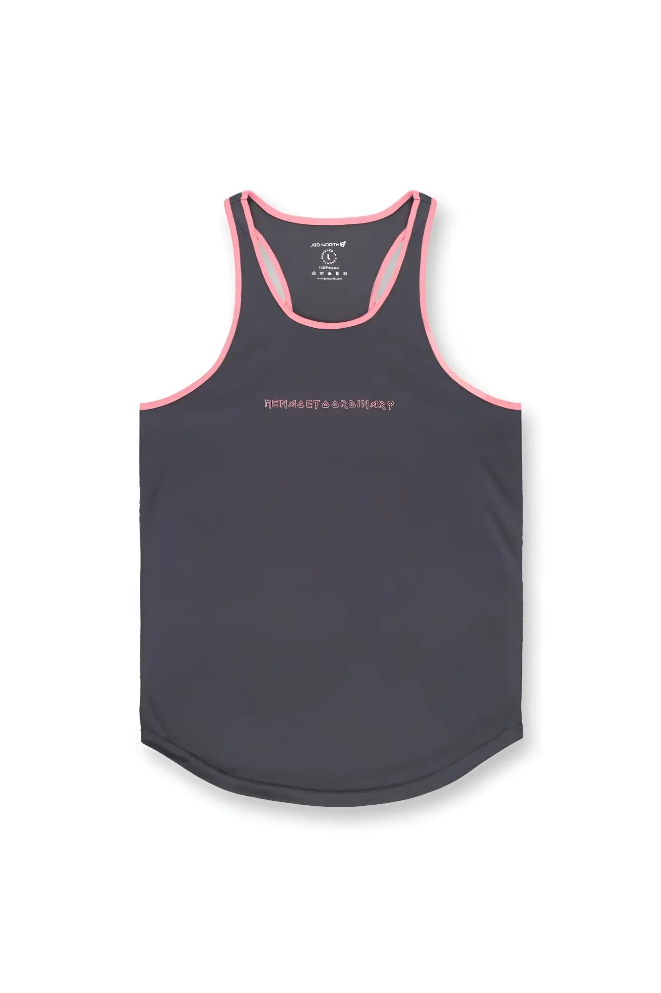 Dark gray fast-dry bodybuilding workout racerback tank top with pink trim and subtle white chest text