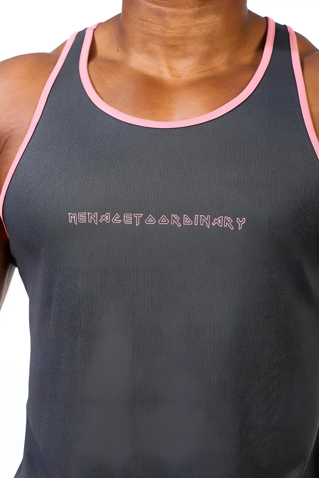 Dark gray fast-dry bodybuilding workout tank top with pink trim and embroidered text on the chest
