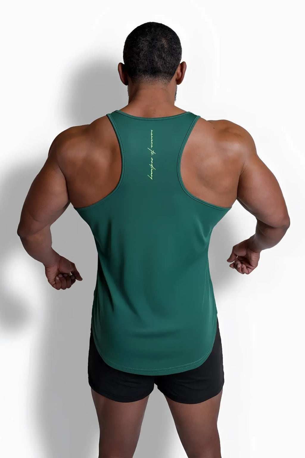Dark green fast-dry bodybuilding workout stringer tank top with neon logo and subtle vertical script detail on back