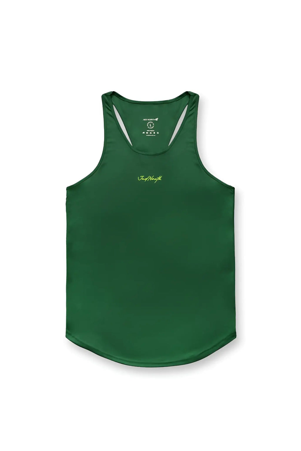 Deep green fast-dry bodybuilding workout stringer tank top with subtle neon yellow signature embroidered on chest
