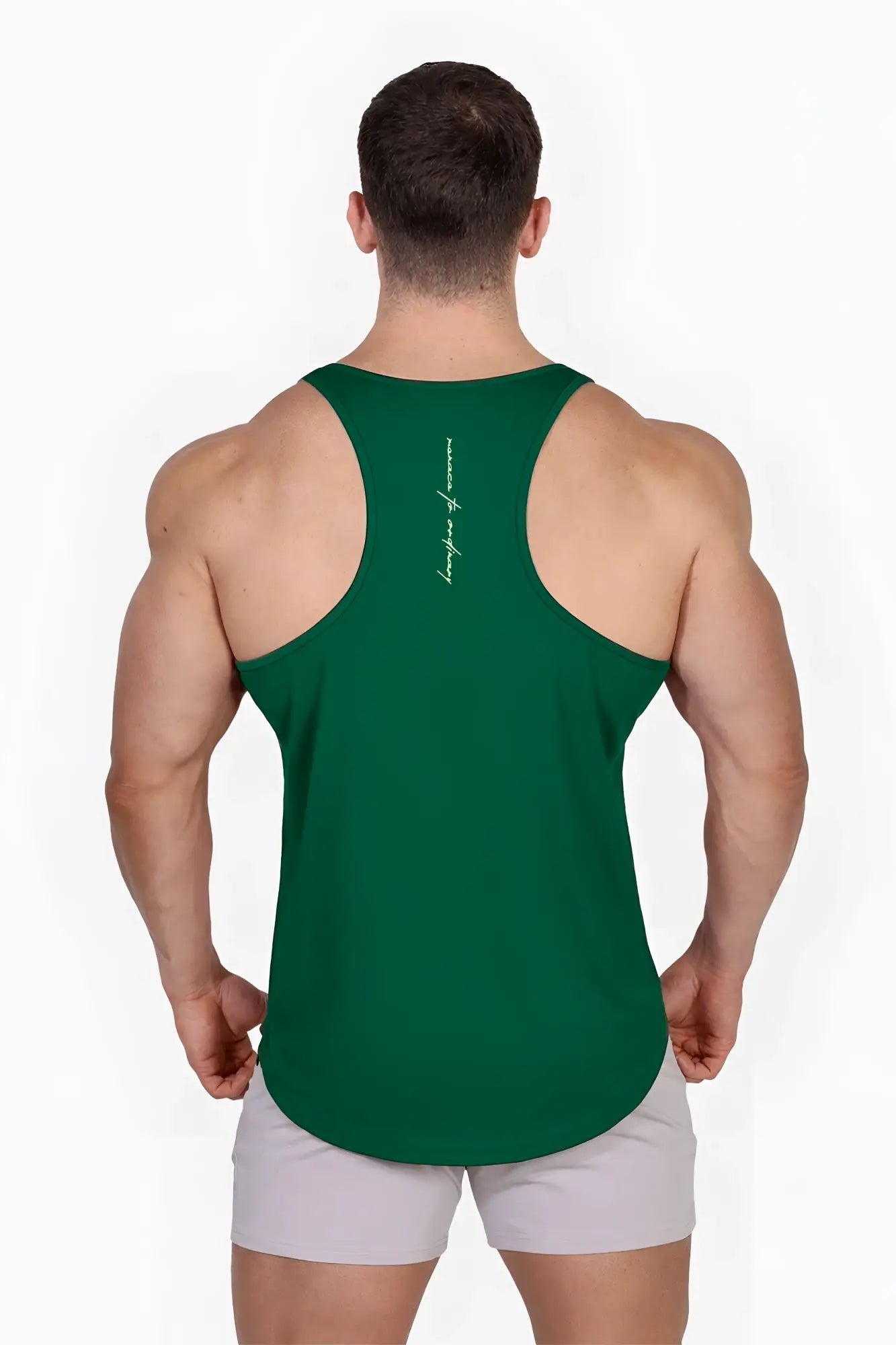 Green fast-dry bodybuilding workout stringer tank top with subtle white vertical logo on the back