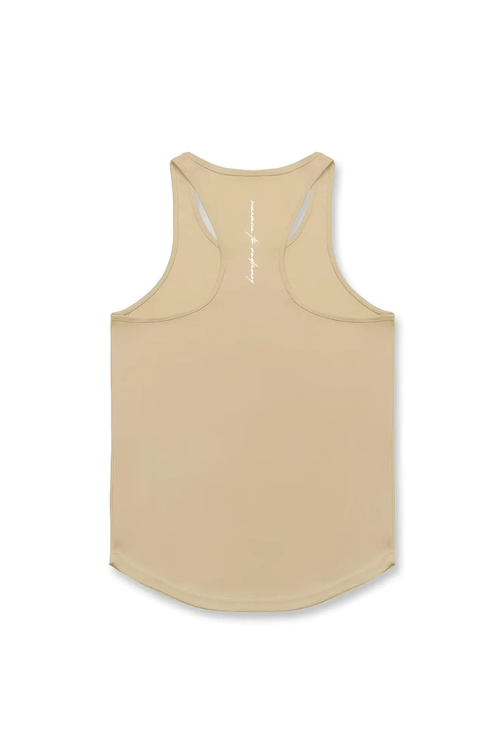 Back view of jed north khaki racerback tank top with subtle white vertical logo fast-dry bodybuilding workout stringer
