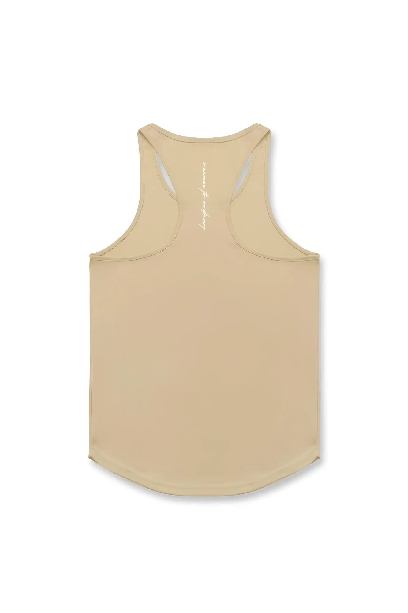 Back view of jed north khaki racerback tank top with subtle white vertical logo fast-dry bodybuilding workout stringer