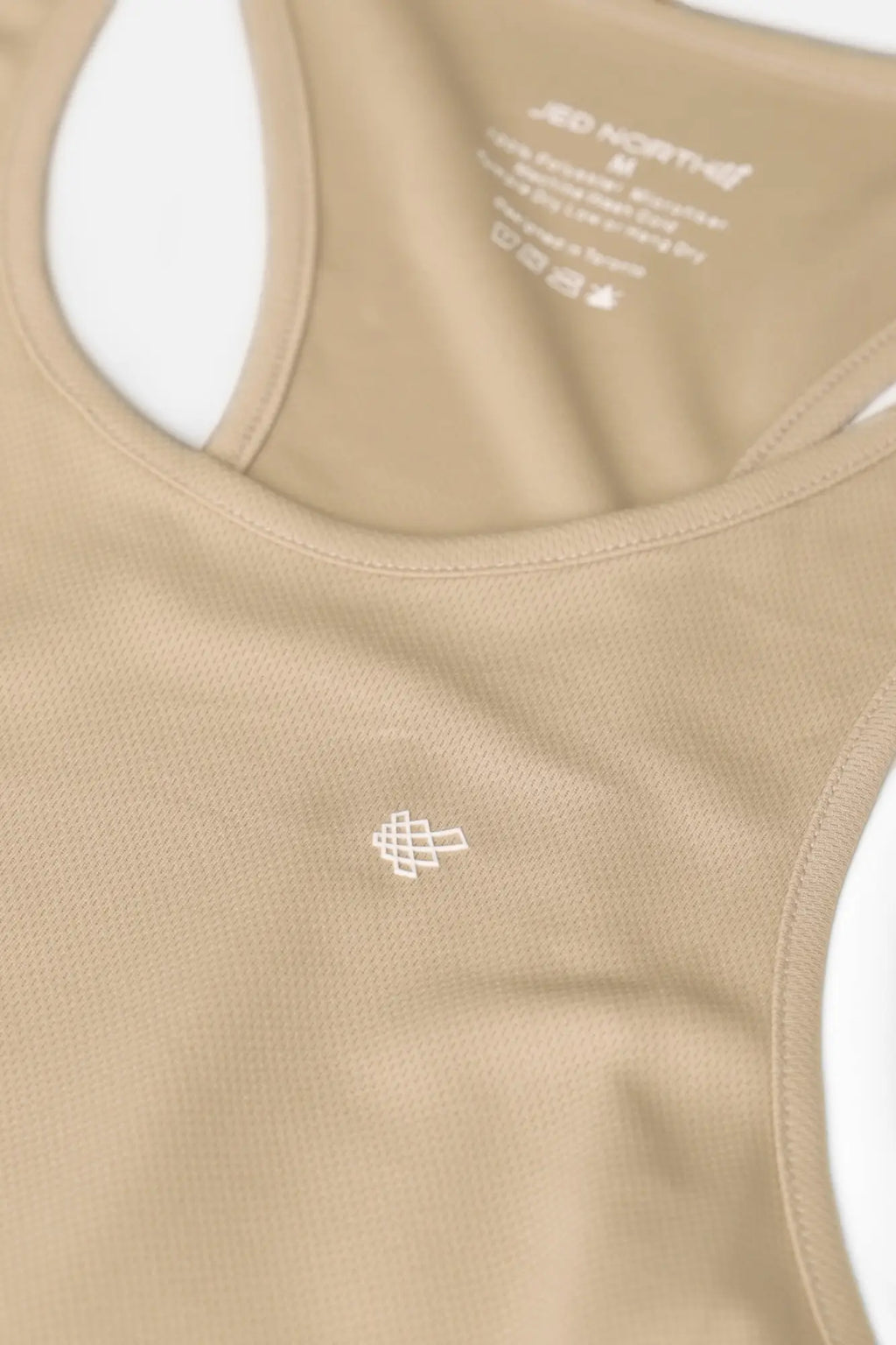 Beige jed north fast-dry bodybuilding workout stringer tank top with racerback and white geometric chest logo