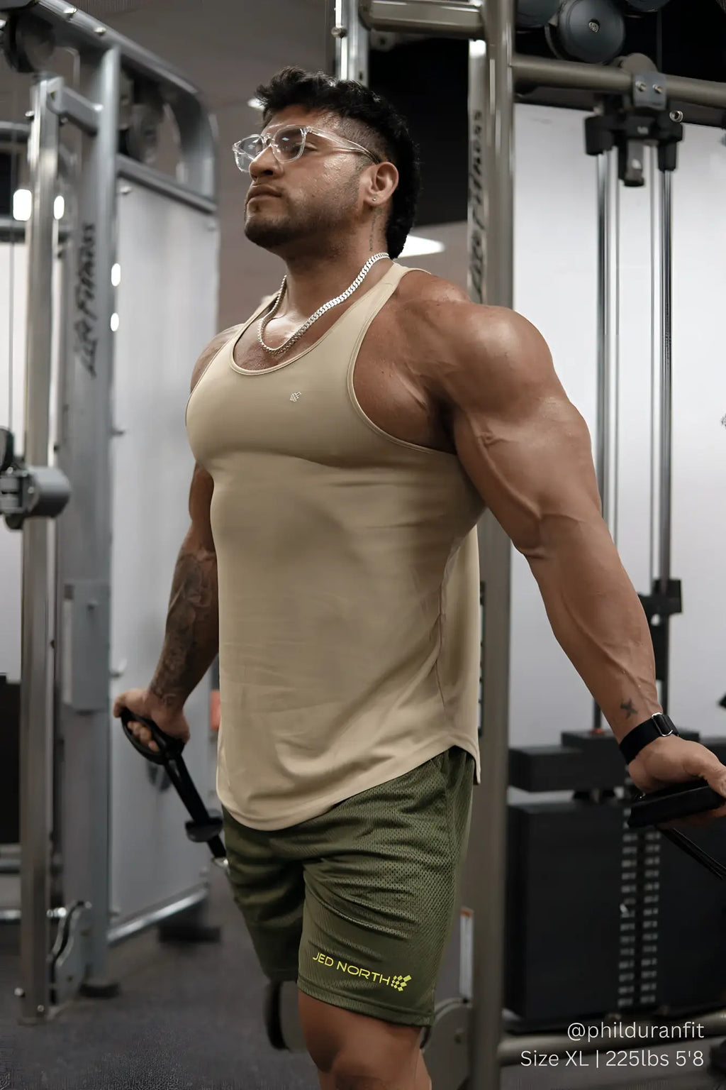 Beige sleeveless jed north fast-dry bodybuilding workout stringer tank top with subtle chest logo in khaki