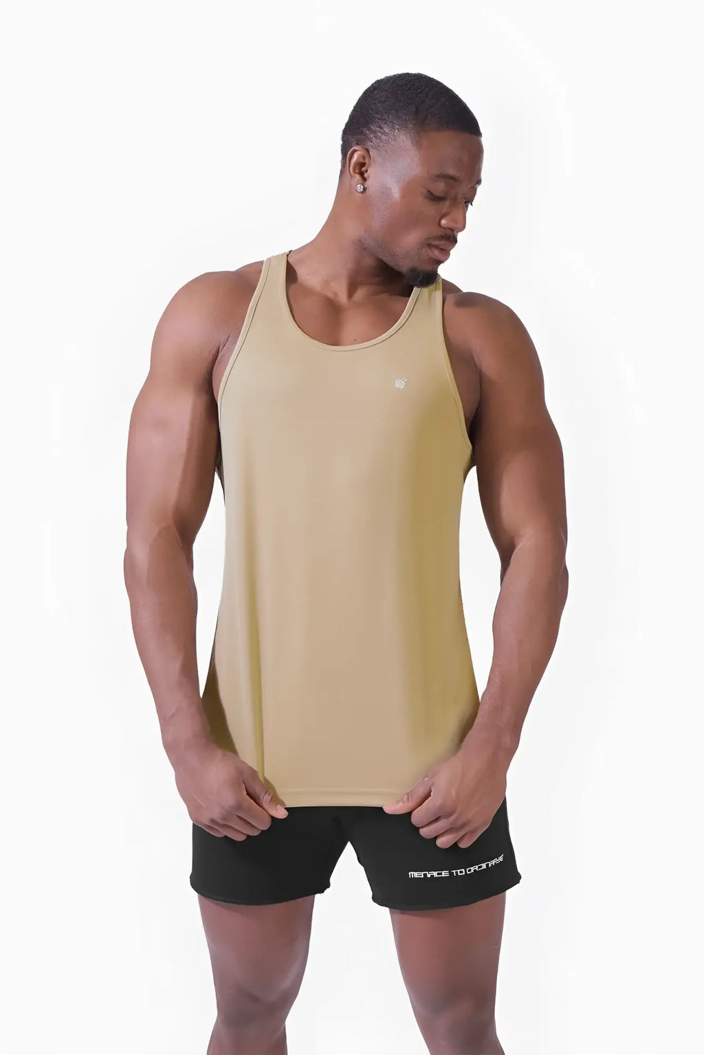 Jed North fast-dry bodybuilding workout stringer in khaki with a sleek beige minimalist athletic tank top design